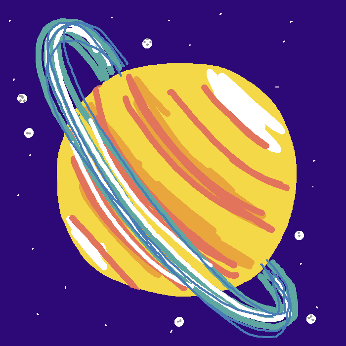 drawing of a ringed yellow planet in space